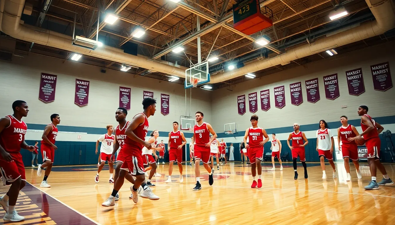 Marist College basketball team practicing in a modern gym.