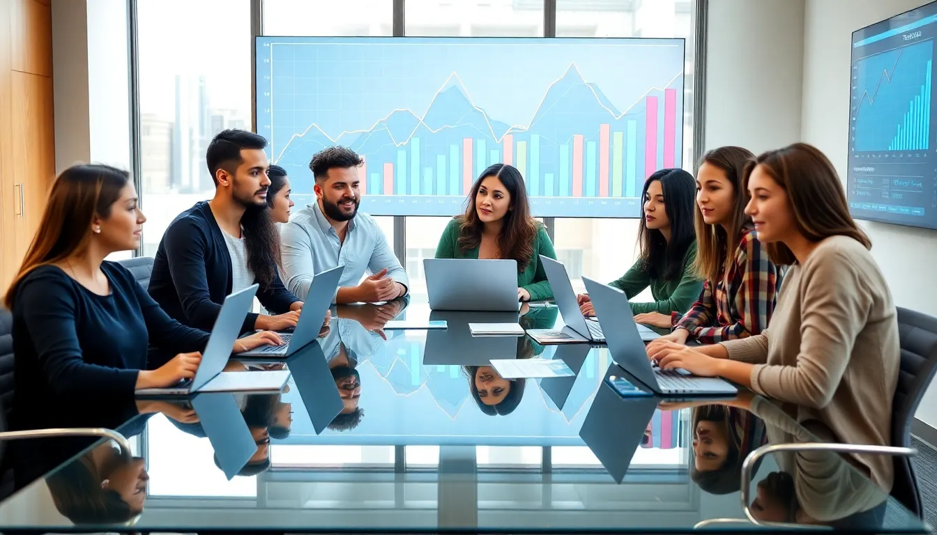 young adults discussing college education costs in a modern office.