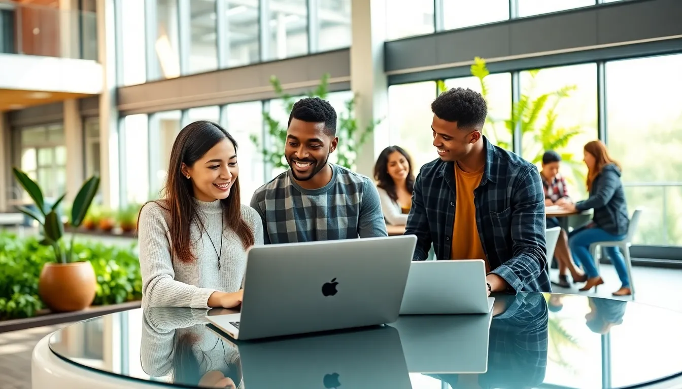 diverse students collaborating in a bright, modern college setting.