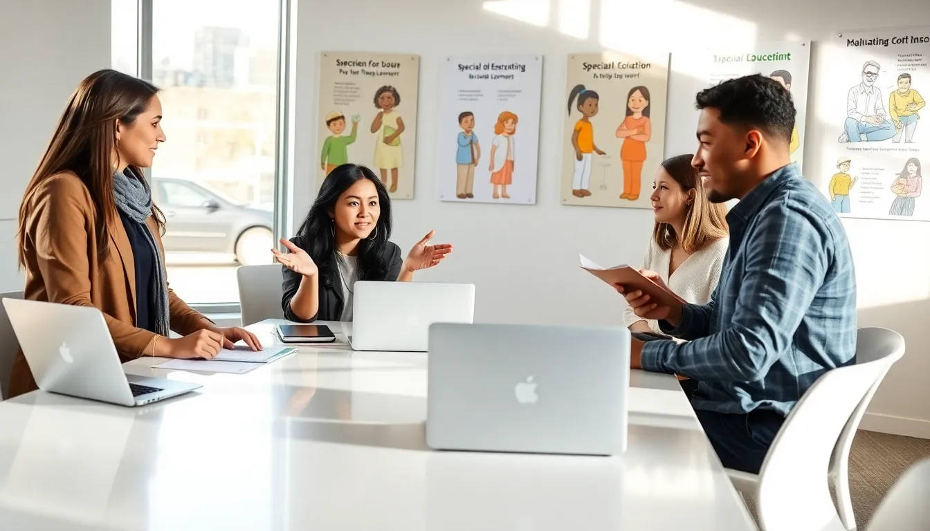 future educators collaborating on special education strategies in a bright classroom.