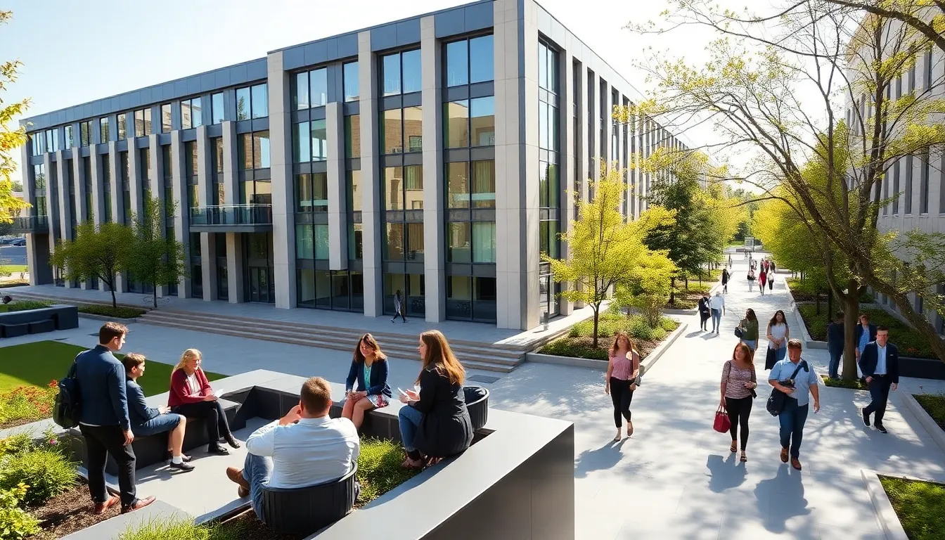 diverse students discussing on a modern college campus.