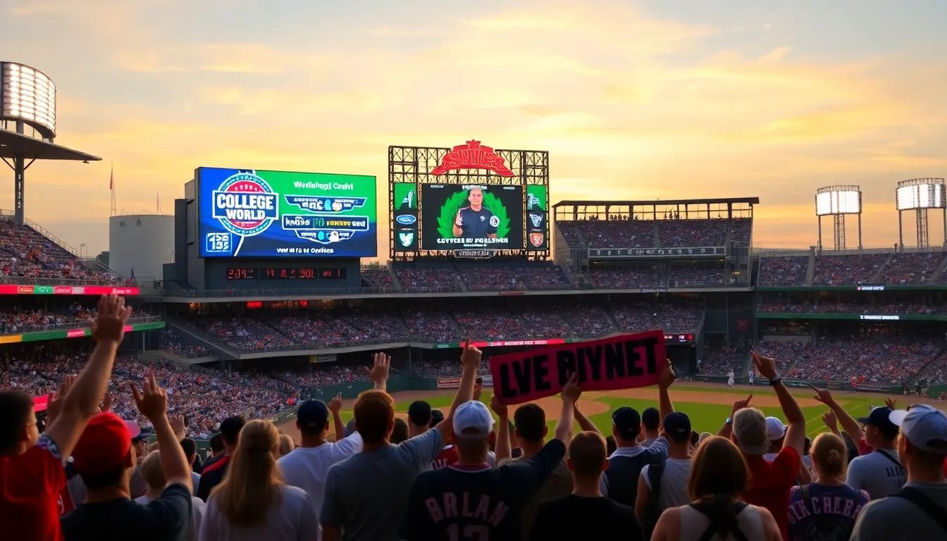 crowd cheering at a College World Series game in Omaha.