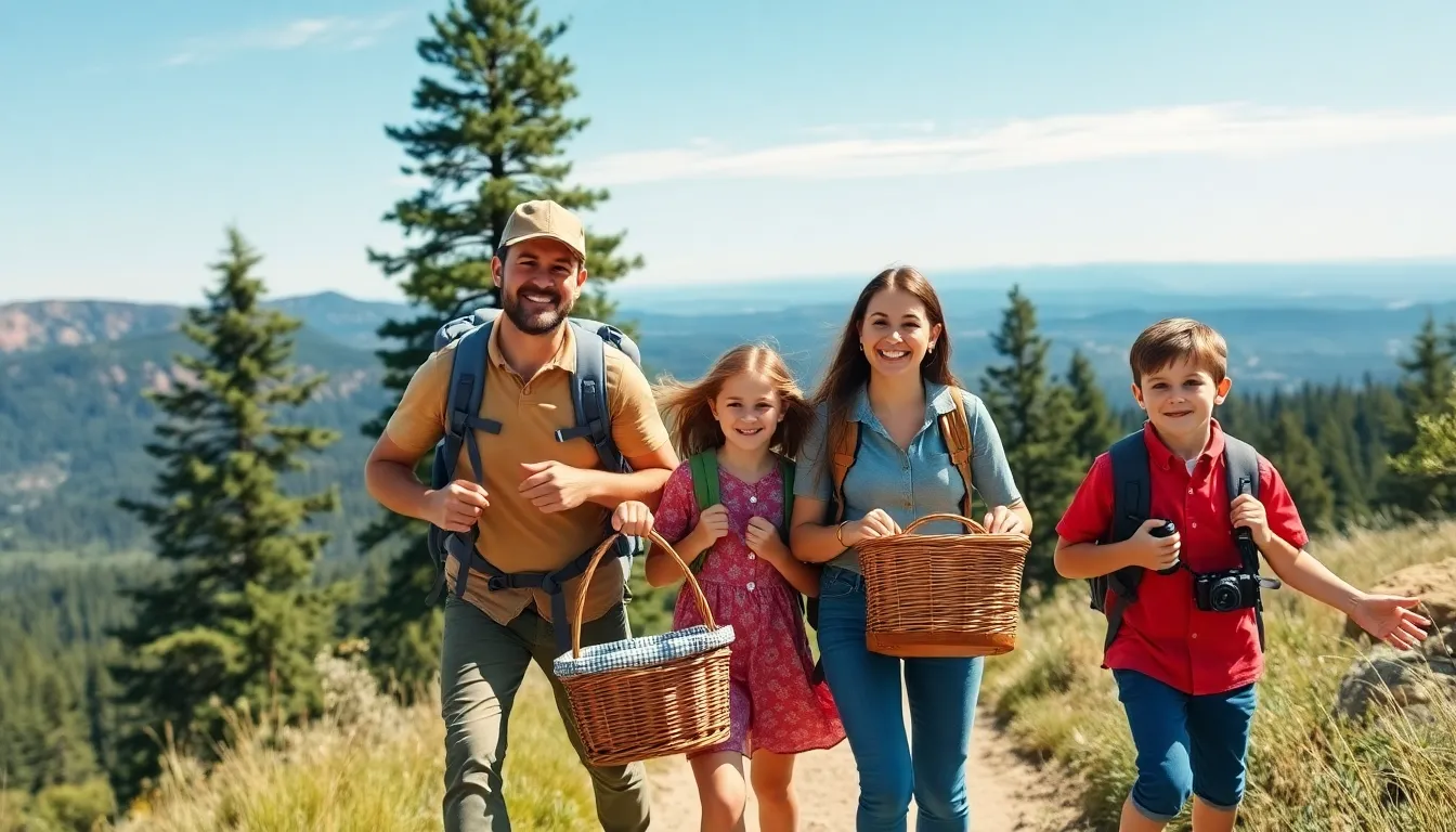 family hiking in a national park on a budget-friendly vacation.