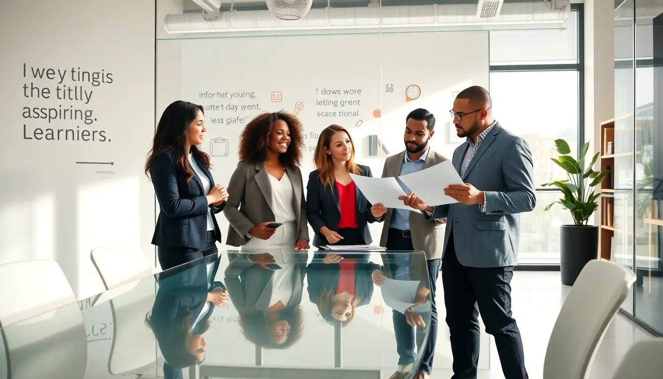 diverse professionals collaborating in a modern educational office setting.