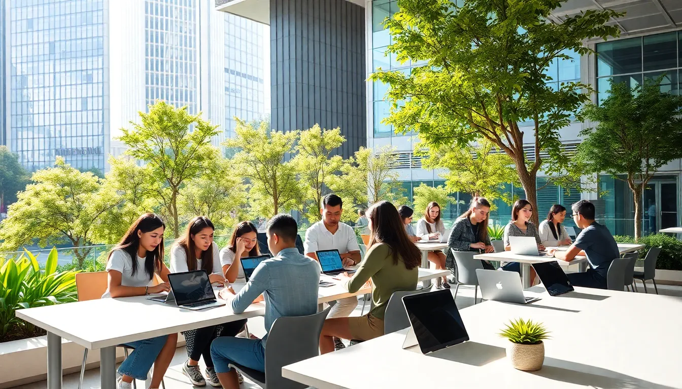 students collaborating on campus at Shenzhen College of International Education.