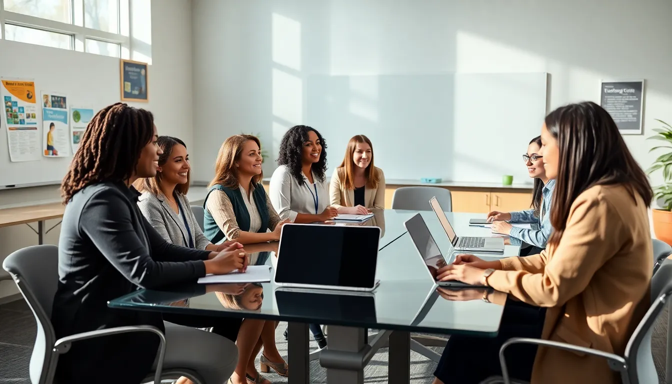 diverse faculty and students collaborating in a modern classroom setting.