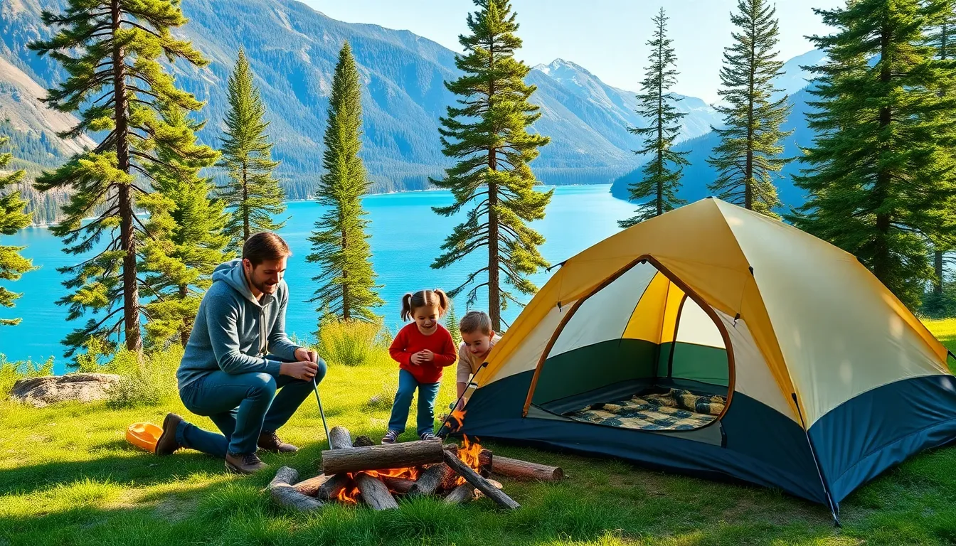 family camping in a lush forest near Fort Collins.