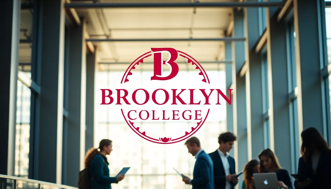 Brooklyn College logo with diverse students in a modern academic setting.