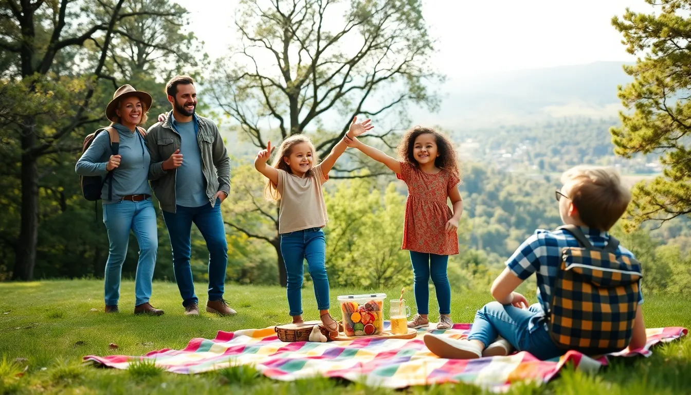 diverse family enjoying a picnic in a scenic outdoor setting.