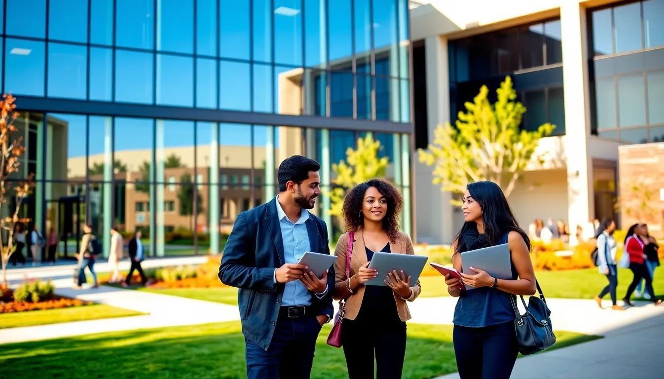 diverse students collaborating outside Rawls College of Business.