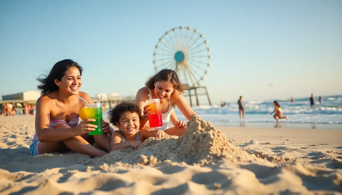 A family enjoying a sunny day at Santa Monica Beach.